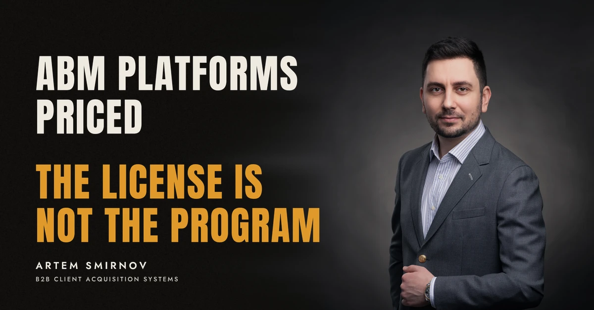 Artem Smirnov in a dark suit against a charcoal studio backdrop, next to the line 'ABM PLATFORMS PRICED. The license is not the program'