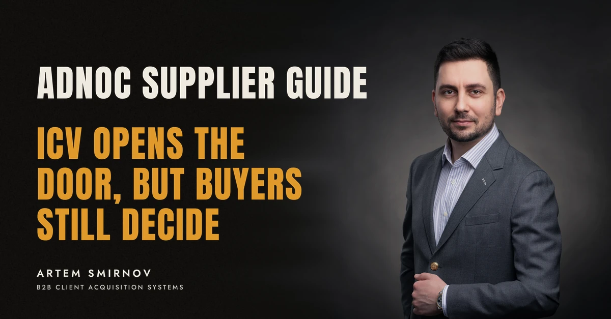 Artem Smirnov in a dark suit against a charcoal studio backdrop, next to the line 'ADNOC SUPPLIER GUIDE. ICV opens the door, but buyers still decide'