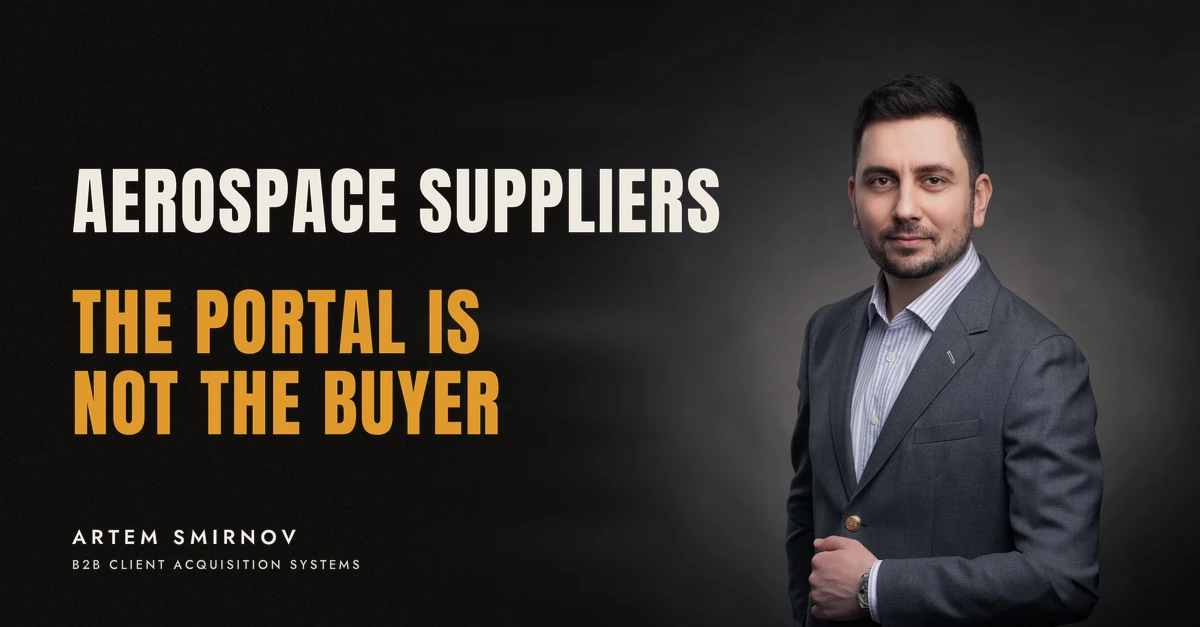 Artem Smirnov in a dark suit against a charcoal studio backdrop, next to the line 'AEROSPACE SUPPLIERS. The portal is not the buyer'