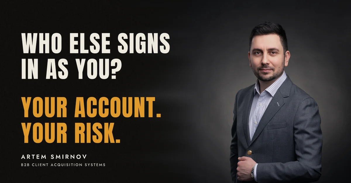 Artem Smirnov in a dark suit against a charcoal studio backdrop, next to the line 'Who else signs in as you? Your account. Your risk.'