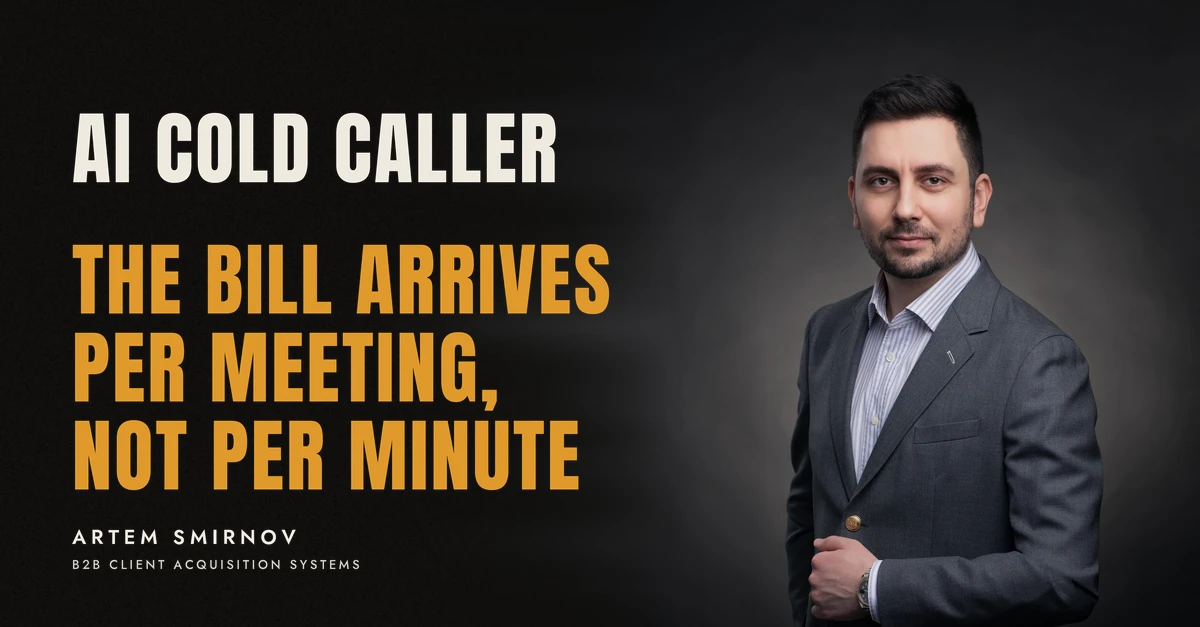 Artem Smirnov in a dark suit against a charcoal studio backdrop, next to the line 'AI COLD CALLER. The bill arrives per meeting, not per minute'