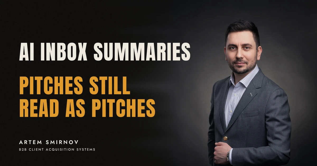 Artem Smirnov in a dark suit against a charcoal studio backdrop, next to the line 'AI INBOX SUMMARIES. Pitches still read as pitches'