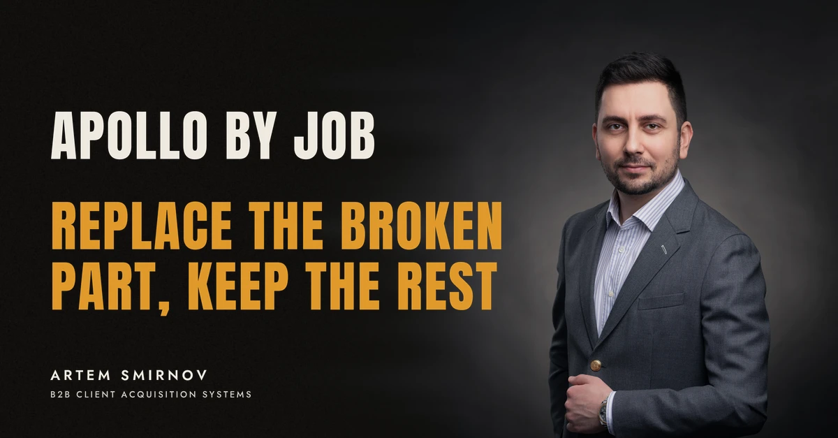 Artem Smirnov in a dark suit against a charcoal studio backdrop, next to the line 'APOLLO BY JOB. Replace the broken part, keep the rest'