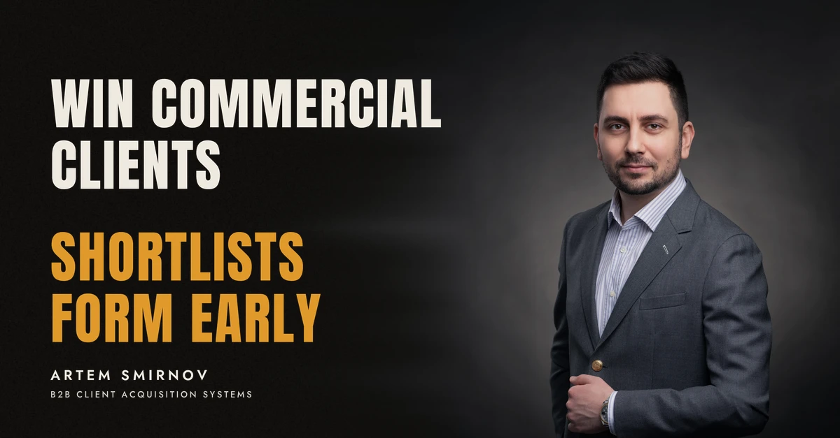 Artem Smirnov in a dark suit against a charcoal studio backdrop, next to the line 'WIN COMMERCIAL CLIENTS. Shortlists form early'