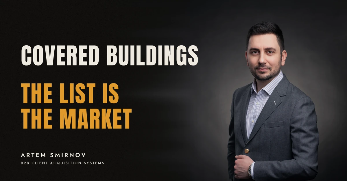 Artem Smirnov in a dark suit against a charcoal studio backdrop, next to the line 'COVERED BUILDINGS. The list is the market'