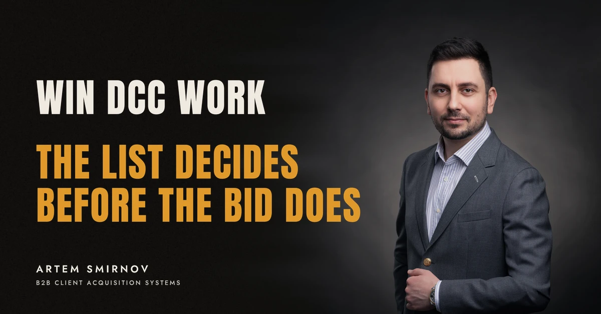 Artem Smirnov in a dark suit against a charcoal studio backdrop, next to the line 'WIN DCC WORK. The list decides before the bid does'