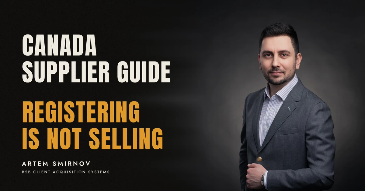 Artem Smirnov in a dark suit against a charcoal studio backdrop, next to the line 'CANADA SUPPLIER GUIDE. Registering is not selling'