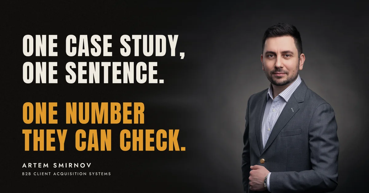 Artem Smirnov in a dark suit against a charcoal studio backdrop, next to the line 'One case study, one sentence. One number they can check.'