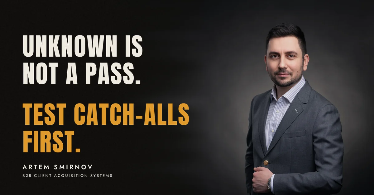 Artem Smirnov in a dark suit against a charcoal studio backdrop, next to the line 'Unknown is not a pass. Test catch-alls first.'
