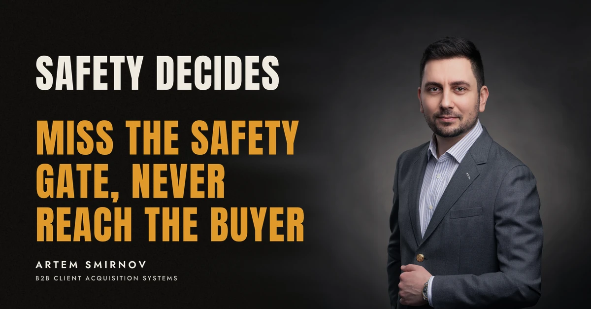Artem Smirnov in a dark suit against a charcoal studio backdrop, next to the line 'SAFETY DECIDES. Miss the safety gate, never reach the buyer'