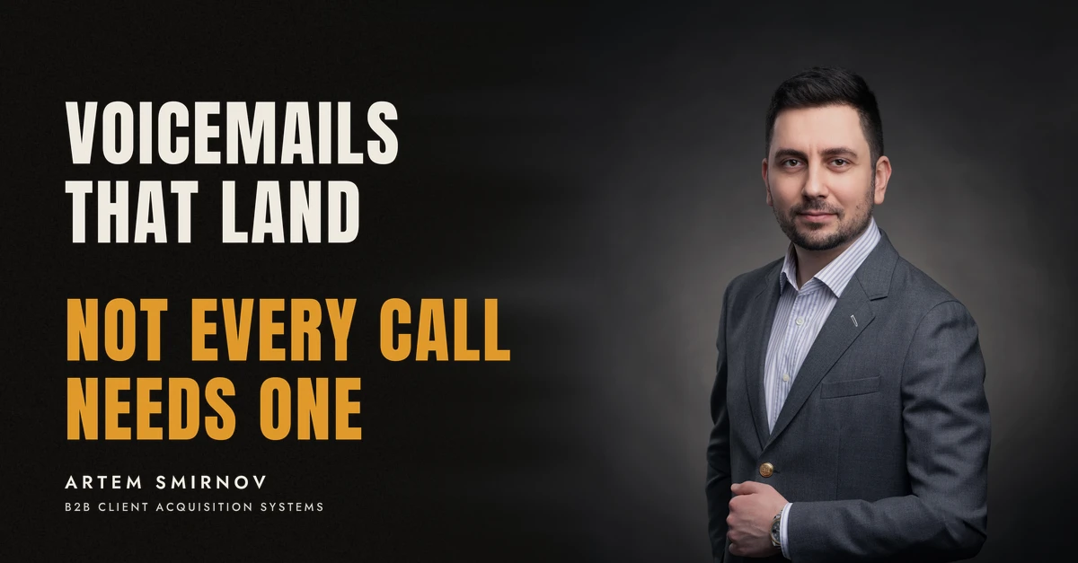 Artem Smirnov in a dark suit against a charcoal studio backdrop, next to the line 'VOICEMAILS THAT LAND. Not every call needs one'