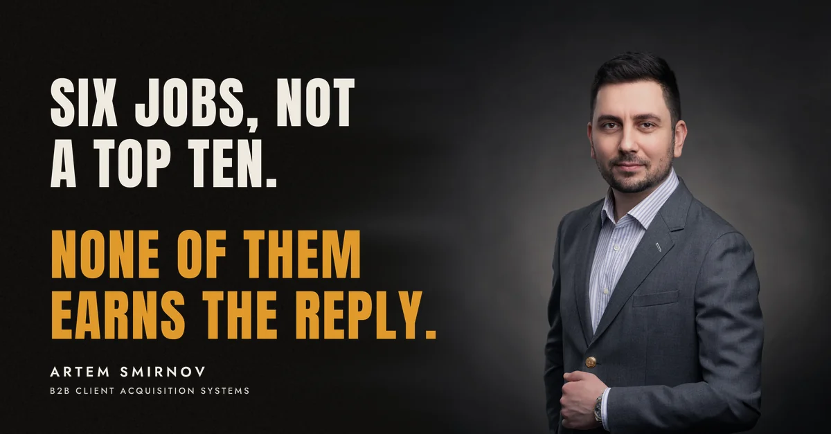 Artem Smirnov in a dark suit against a charcoal studio backdrop, next to the line 'Six jobs, not a top ten. None of them earns the reply.'