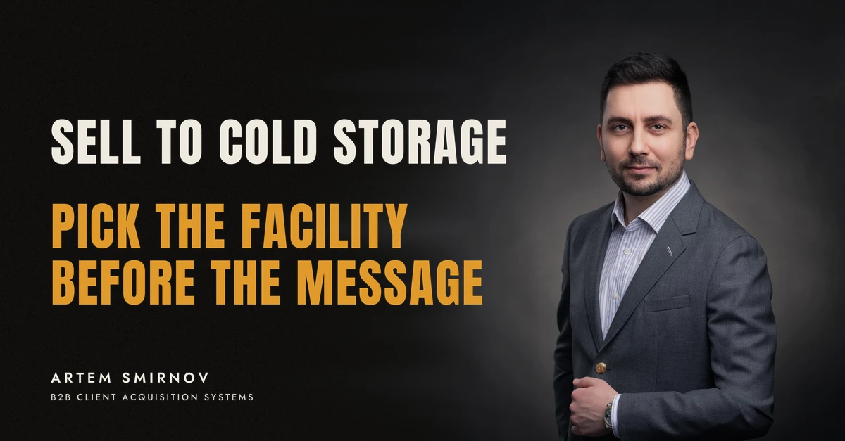 Artem Smirnov in a dark suit against a charcoal studio backdrop, next to the line 'SELL TO COLD STORAGE. Pick the facility before the message'