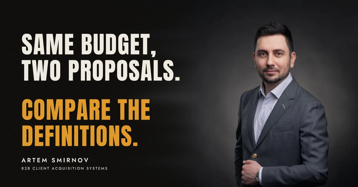 Artem Smirnov in a dark suit against a charcoal studio backdrop, next to the line 'Same budget, two proposals. Compare the definitions.'