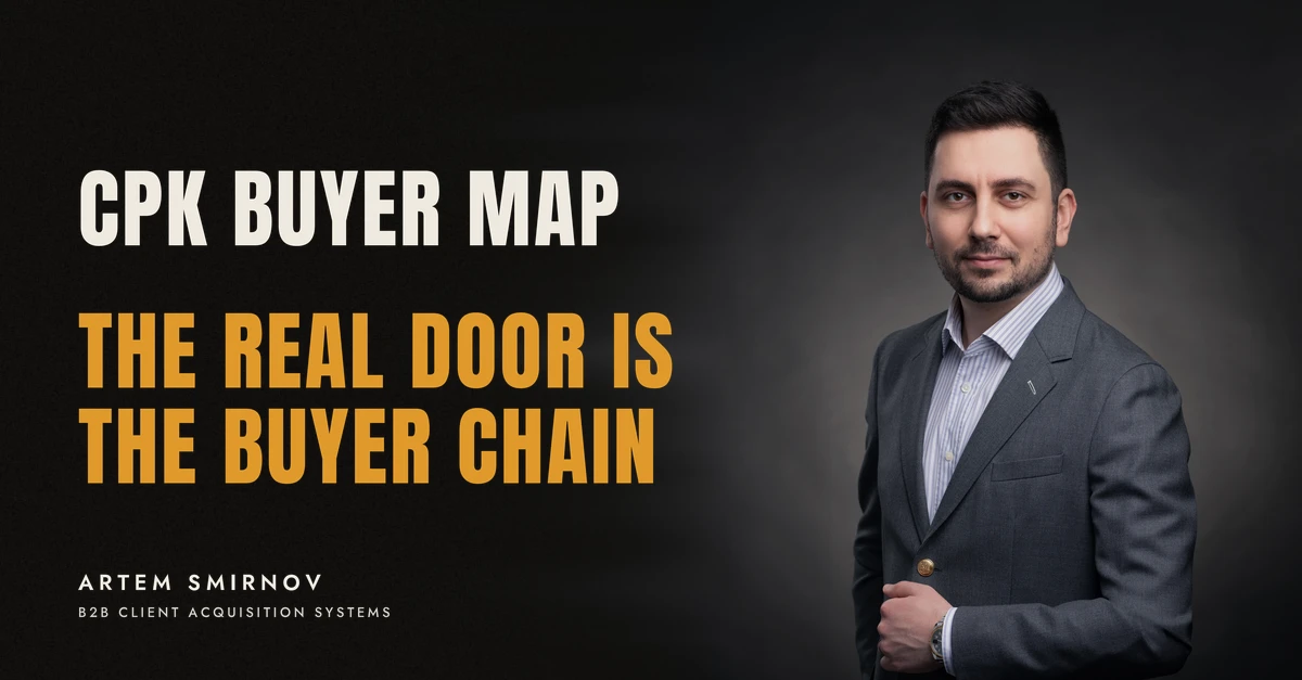 Artem Smirnov in a dark suit against a charcoal studio backdrop, next to the line 'CPK BUYER MAP. The real door is the buyer chain'