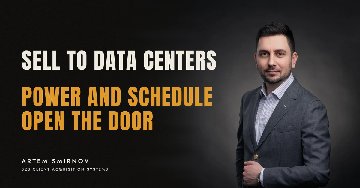 Artem Smirnov in a dark suit against a charcoal studio backdrop, next to the line 'SELL TO DATA CENTERS. Power and schedule open the door'