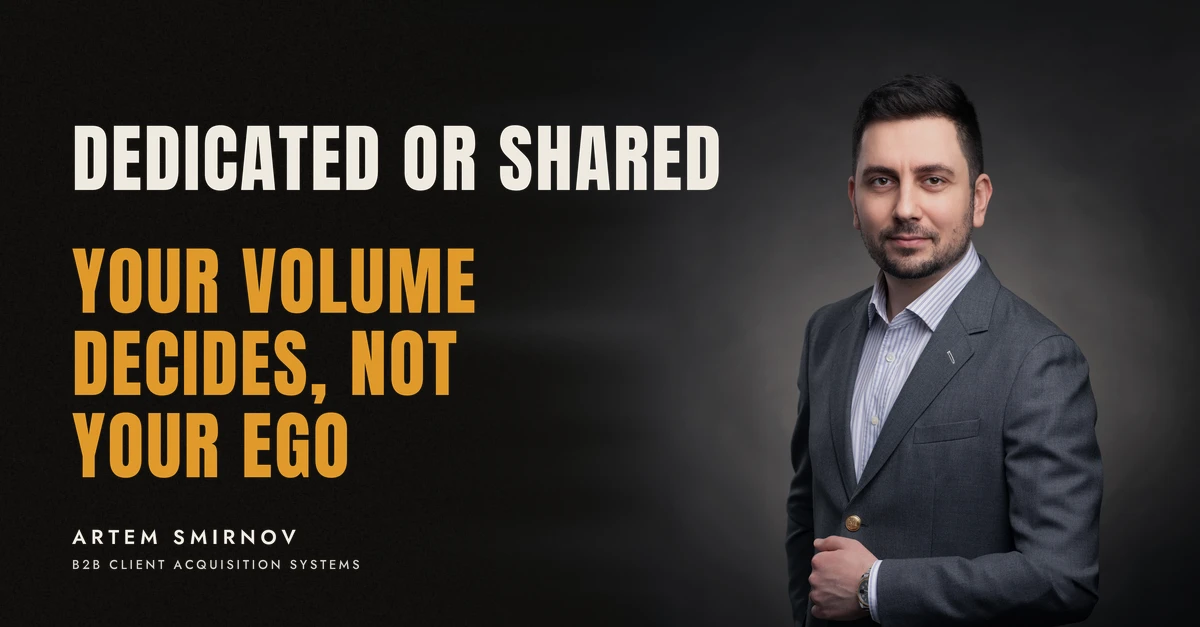 Artem Smirnov in a dark suit against a charcoal studio backdrop, next to the line 'DEDICATED OR SHARED. Your volume decides, not your ego'