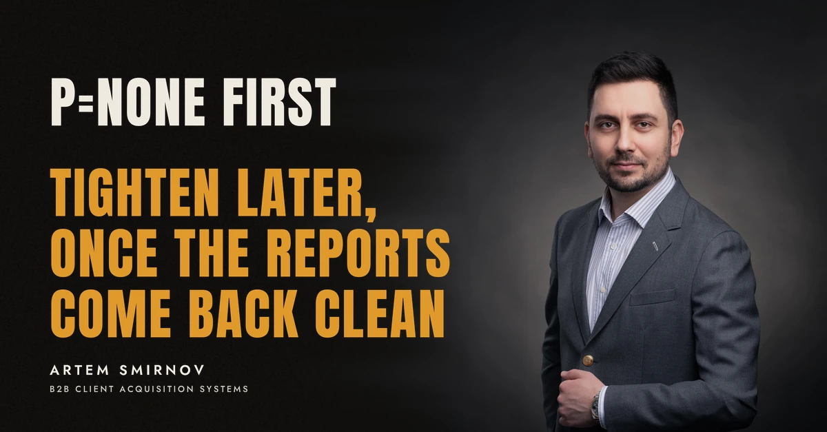 Artem Smirnov in a dark suit against a charcoal studio backdrop, next to the line 'P=NONE FIRST. Tighten later, once the reports come back clean'
