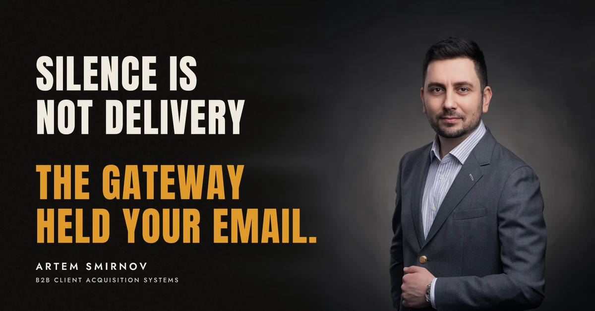 Artem Smirnov in a dark suit against a charcoal studio backdrop, next to the line 'Silence is not delivery. The gateway held your email.'