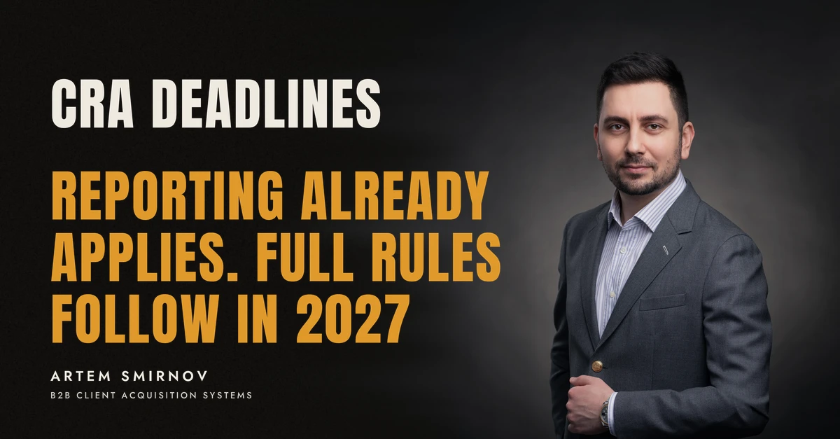 Artem Smirnov in a dark suit against a charcoal studio backdrop, next to the line 'CRA DEADLINES. Reporting already applies. Full rules follow in 2027'