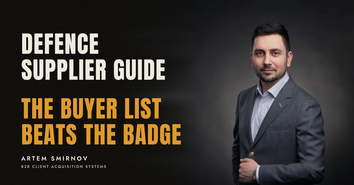 Artem Smirnov in a dark suit against a charcoal studio backdrop, next to the line 'DEFENCE SUPPLIER GUIDE. The buyer list beats the badge'