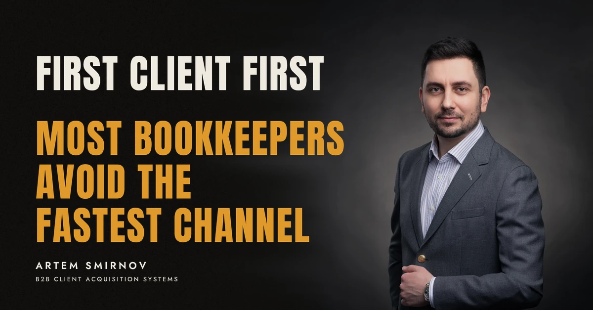 Artem Smirnov in a dark suit against a charcoal studio backdrop, next to the line 'FIRST CLIENT FIRST. Most bookkeepers avoid the fastest channel'