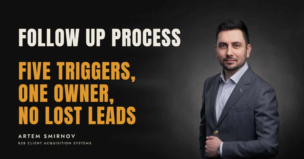 Artem Smirnov in a dark suit against a charcoal studio backdrop, next to the line 'FOLLOW UP PROCESS. Five triggers, one owner, no lost leads'