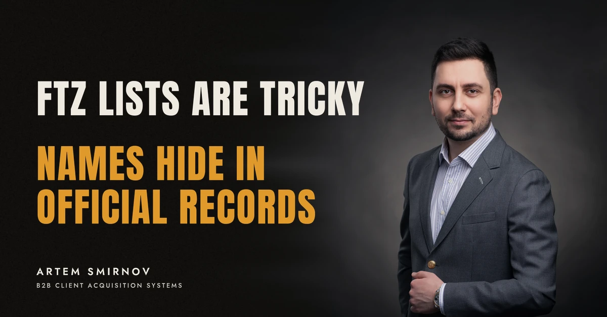 Artem Smirnov in a dark suit against a charcoal studio backdrop, next to the line 'FTZ LISTS ARE TRICKY. Names hide in official records'