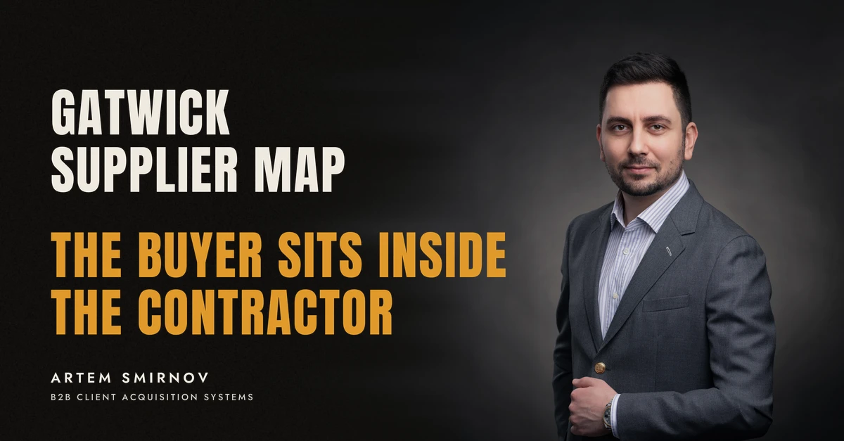 Artem Smirnov in a dark suit against a charcoal studio backdrop, next to the line 'GATWICK SUPPLIER MAP. The buyer sits inside the contractor'