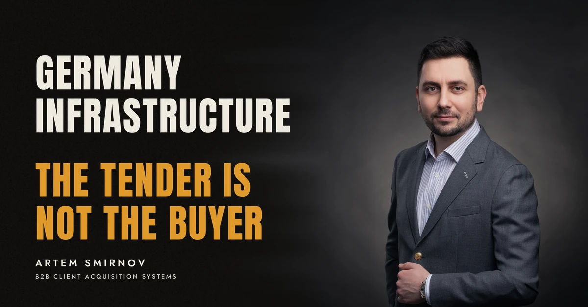 Artem Smirnov in a dark suit against a charcoal studio backdrop, next to the line 'GERMANY INFRASTRUCTURE. The tender is not the buyer'