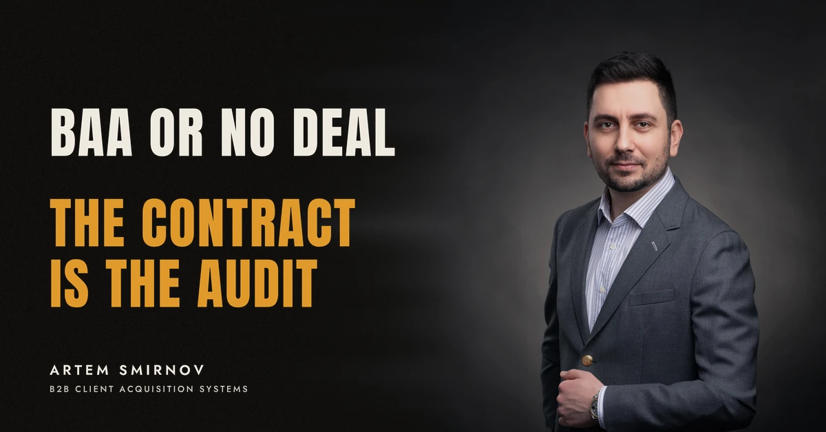 Artem Smirnov in a dark suit against a charcoal studio backdrop, next to the line 'BAA OR NO DEAL. The contract is the audit'