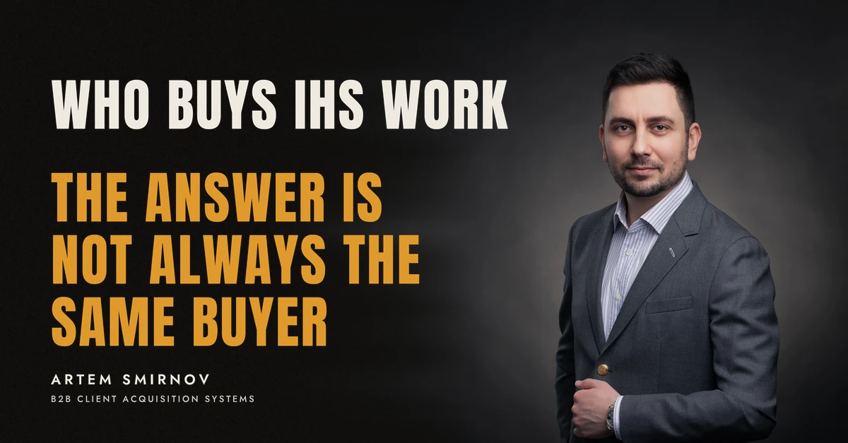 Artem Smirnov in a dark suit against a charcoal studio backdrop, next to the line 'WHO BUYS IHS WORK. The answer is not always the same buyer'