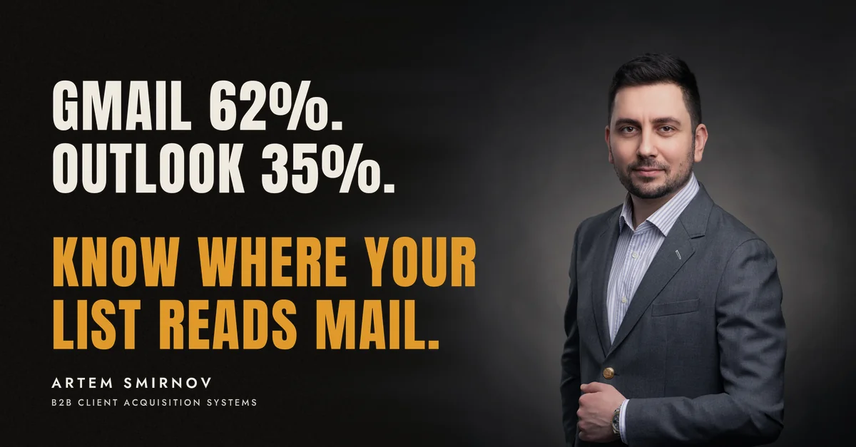 Artem Smirnov in a dark suit against a charcoal studio backdrop, next to the line 'GMAIL 62%. OUTLOOK 35%. Know where your list reads mail.'