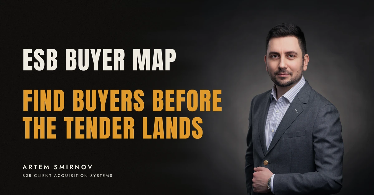 Artem Smirnov in a dark suit against a charcoal studio backdrop, next to the line 'ESB BUYER MAP. Find buyers before the tender lands'