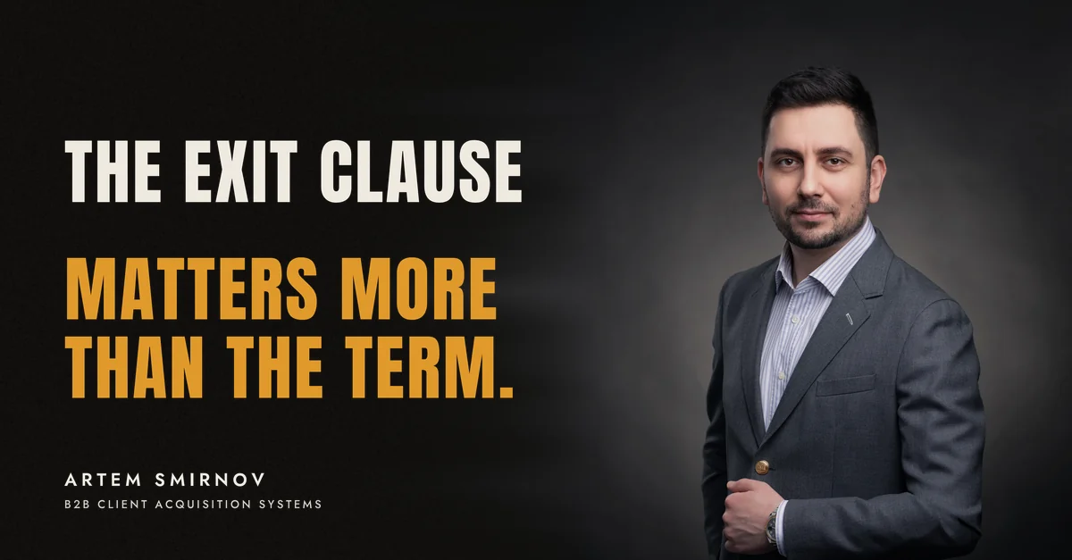 Artem Smirnov in a dark suit against a charcoal studio backdrop, next to the line 'The exit clause matters more than the term.'