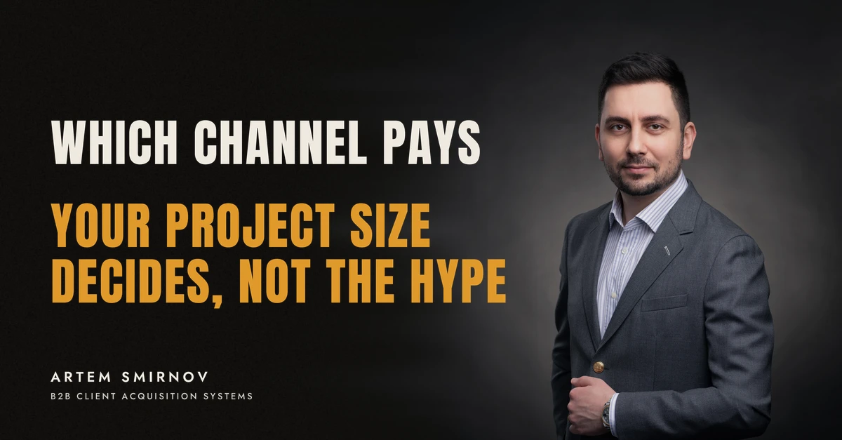 Artem Smirnov in a dark suit against a charcoal studio backdrop, next to the line 'WHICH CHANNEL PAYS. Your project size decides, not the hype'