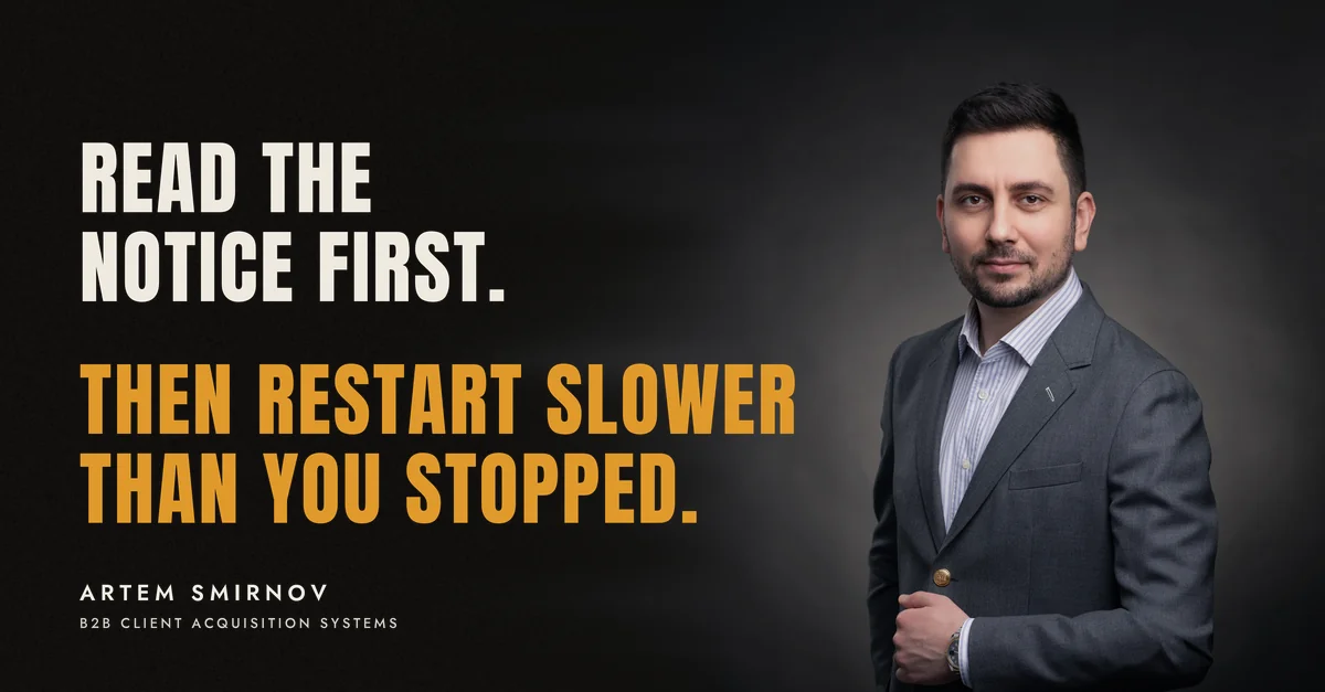 Artem Smirnov in a dark suit against a charcoal studio backdrop, next to the line 'Read the notice first. Then restart slower than you stopped.'