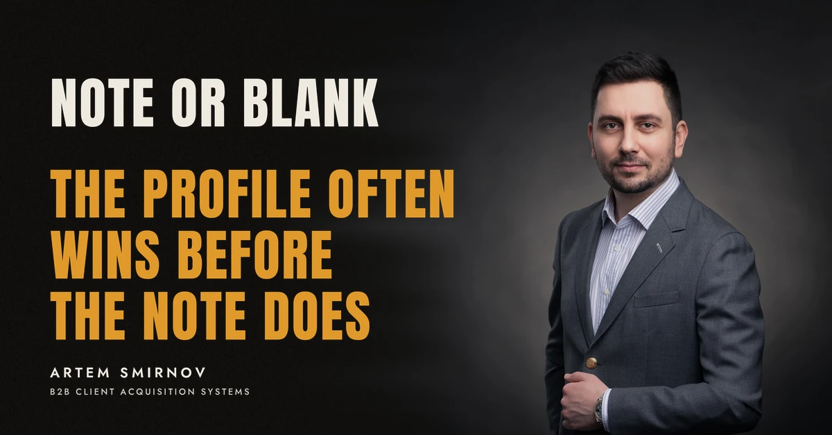Artem Smirnov in a dark suit against a charcoal studio backdrop, next to the line 'NOTE OR BLANK. The profile often wins before the note does'