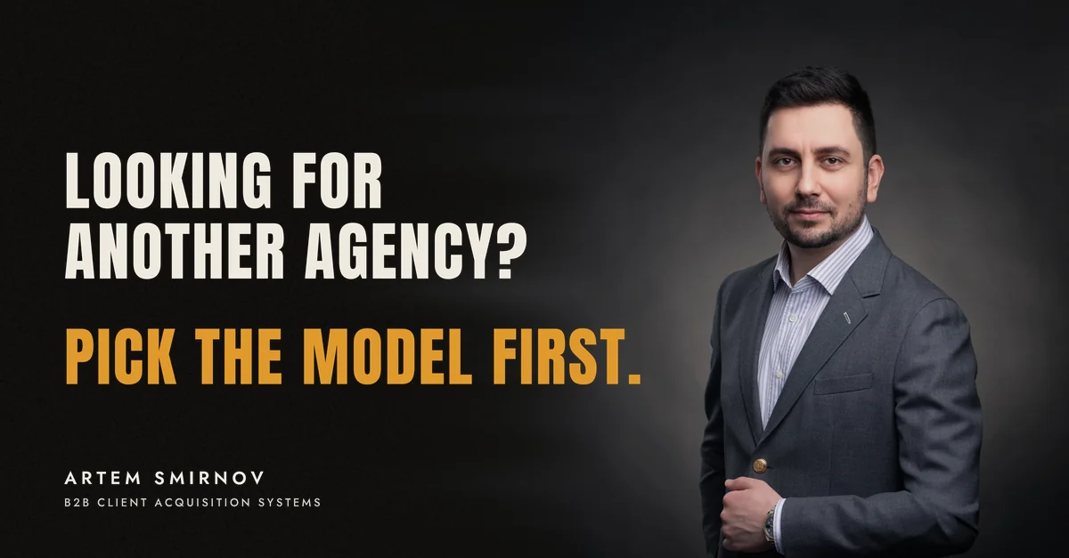 Artem Smirnov in a dark suit against a charcoal studio backdrop, next to the line 'Looking for another agency? Pick the model first.'