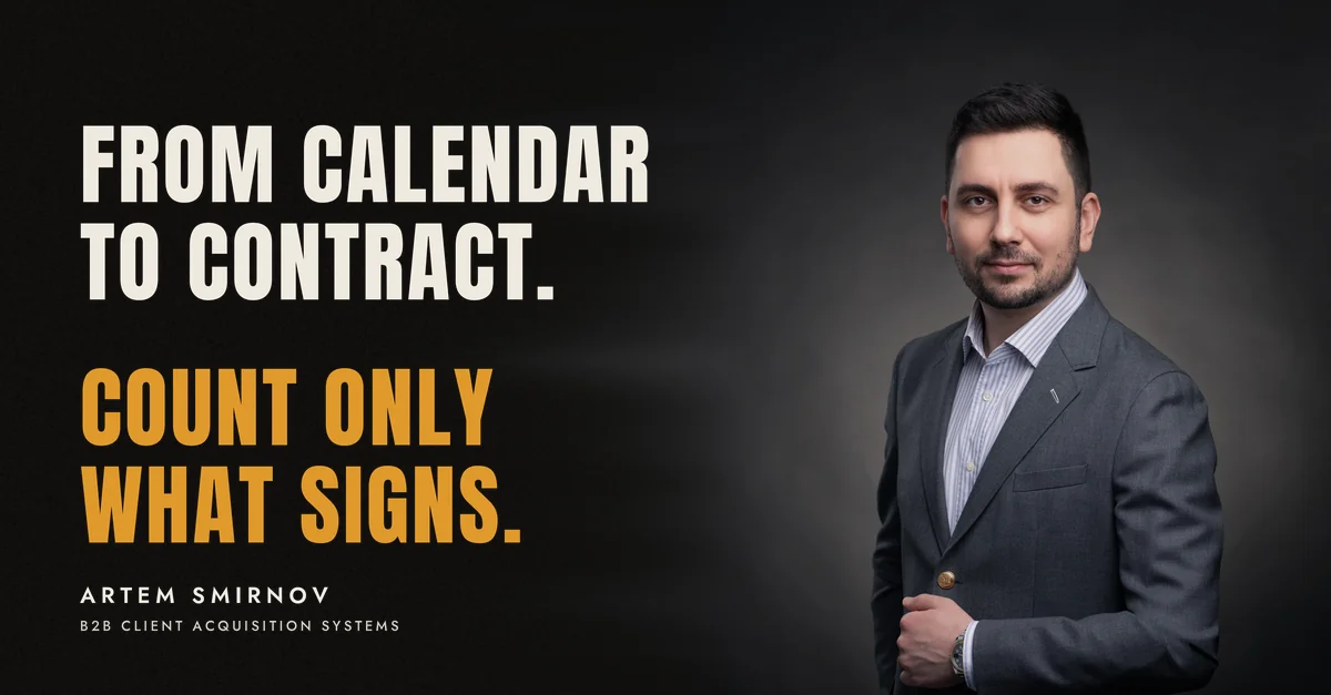 Artem Smirnov in a dark suit against a charcoal studio backdrop, next to the line 'From calendar to contract. Count only what signs.'