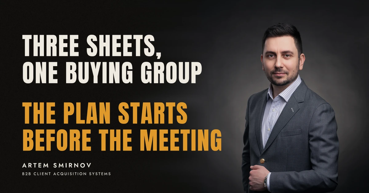 Artem Smirnov in a dark suit against a charcoal studio backdrop, next to the line 'THREE SHEETS, ONE BUYING GROUP. The plan starts before the meeting'