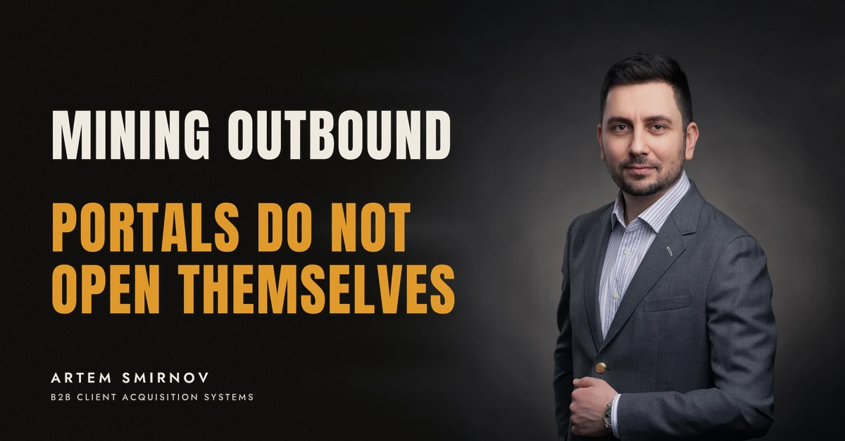 Artem Smirnov in a dark suit against a charcoal studio backdrop, next to the line 'MINING OUTBOUND. Portals do not open themselves'
