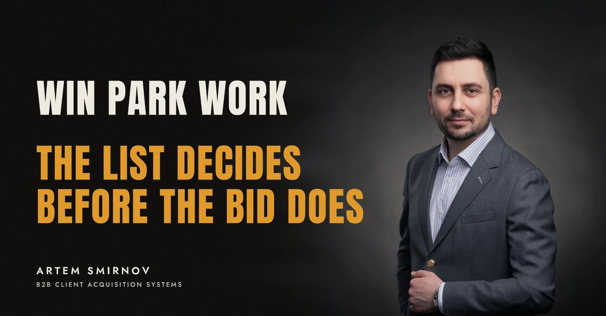 Artem Smirnov in a dark suit against a charcoal studio backdrop, next to the line 'WIN PARK WORK. The list decides before the bid does'
