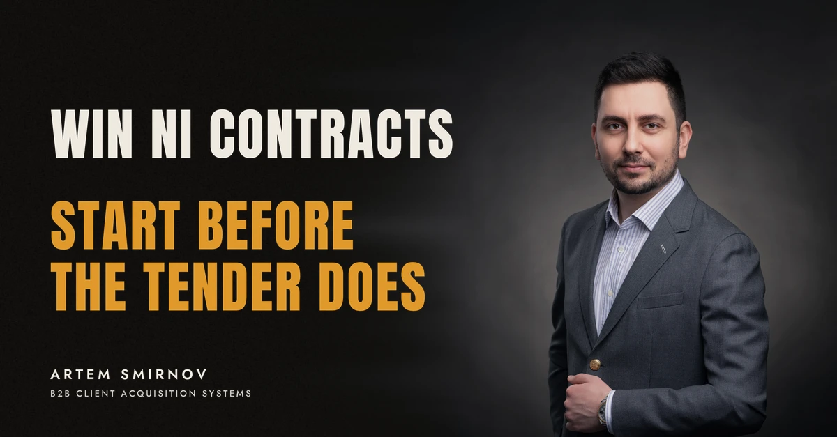Artem Smirnov in a dark suit against a charcoal studio backdrop, next to the line 'WIN NI CONTRACTS. Start before the tender does'