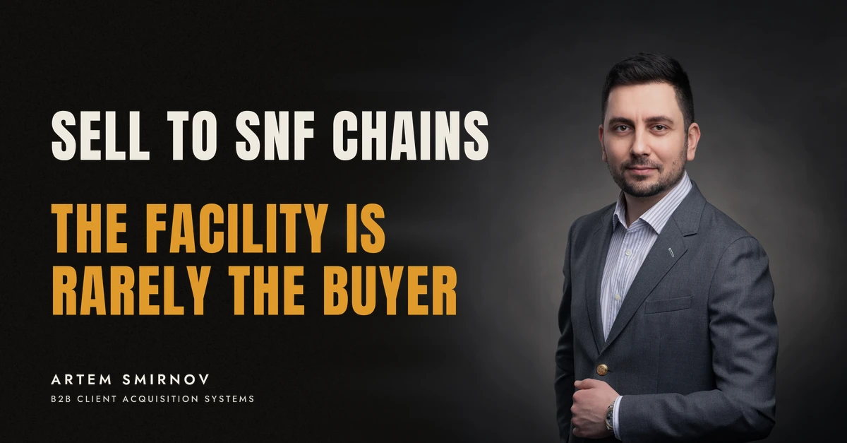 Artem Smirnov in a dark suit against a charcoal studio backdrop, next to the line 'SELL TO SNF CHAINS. The facility is rarely the buyer'