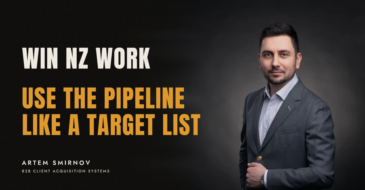 Artem Smirnov in a dark suit against a charcoal studio backdrop, next to the line 'WIN NZ WORK. Use the pipeline like a target list'