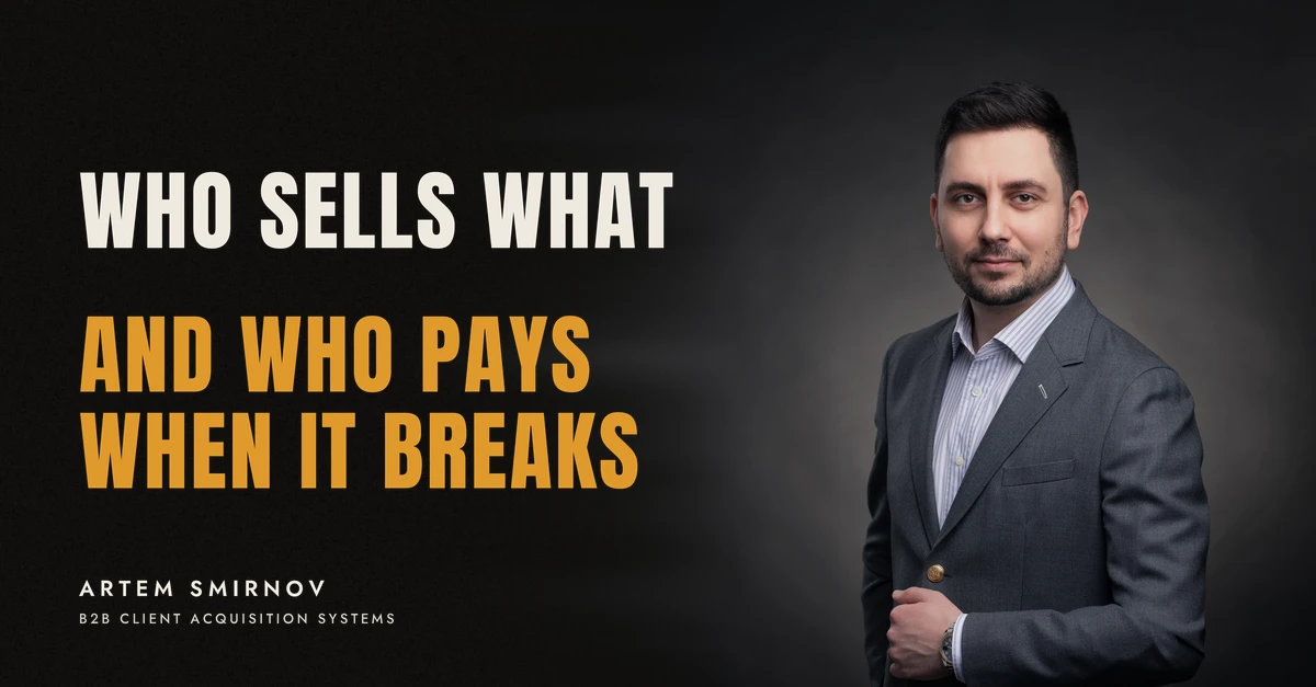 Artem Smirnov in a dark suit against a charcoal studio backdrop, next to the line 'WHO SELLS WHAT. And who pays when it breaks'