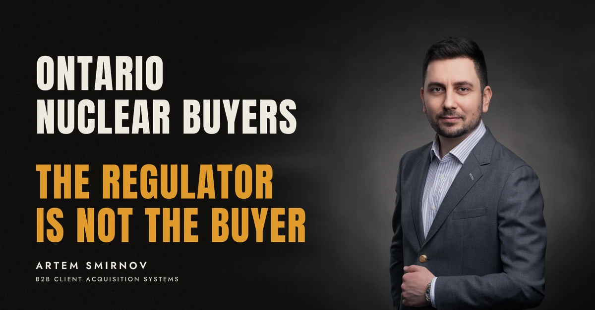 Artem Smirnov in a dark suit against a charcoal studio backdrop, next to the line 'ONTARIO NUCLEAR BUYERS. The regulator is not the buyer'