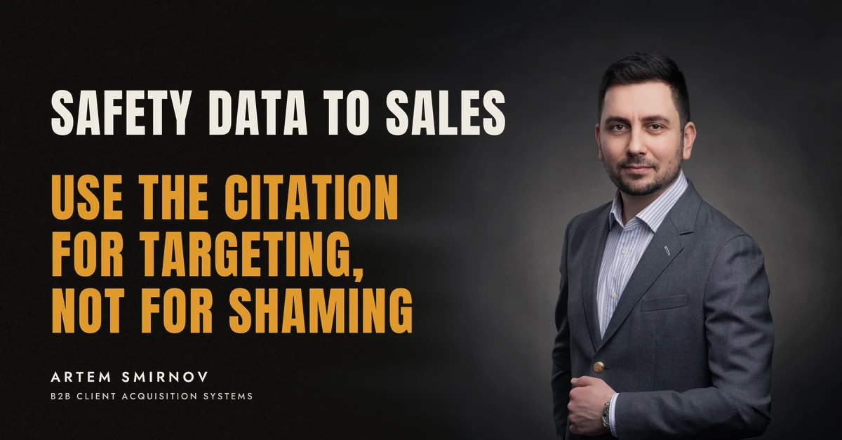 Artem Smirnov in a dark suit against a charcoal studio backdrop, next to the line 'SAFETY DATA TO SALES. Use the citation for targeting, not for shaming'