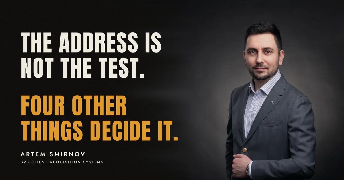 Artem Smirnov in a dark suit against a charcoal studio backdrop, next to the line 'The address is not the test. Four other things decide it.'